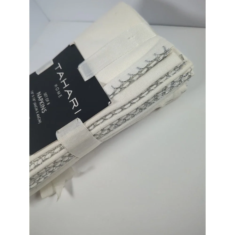 TAHARI Set of 8 Off White Cloth NAPKINS with‎ Silver Trim Stitching 18